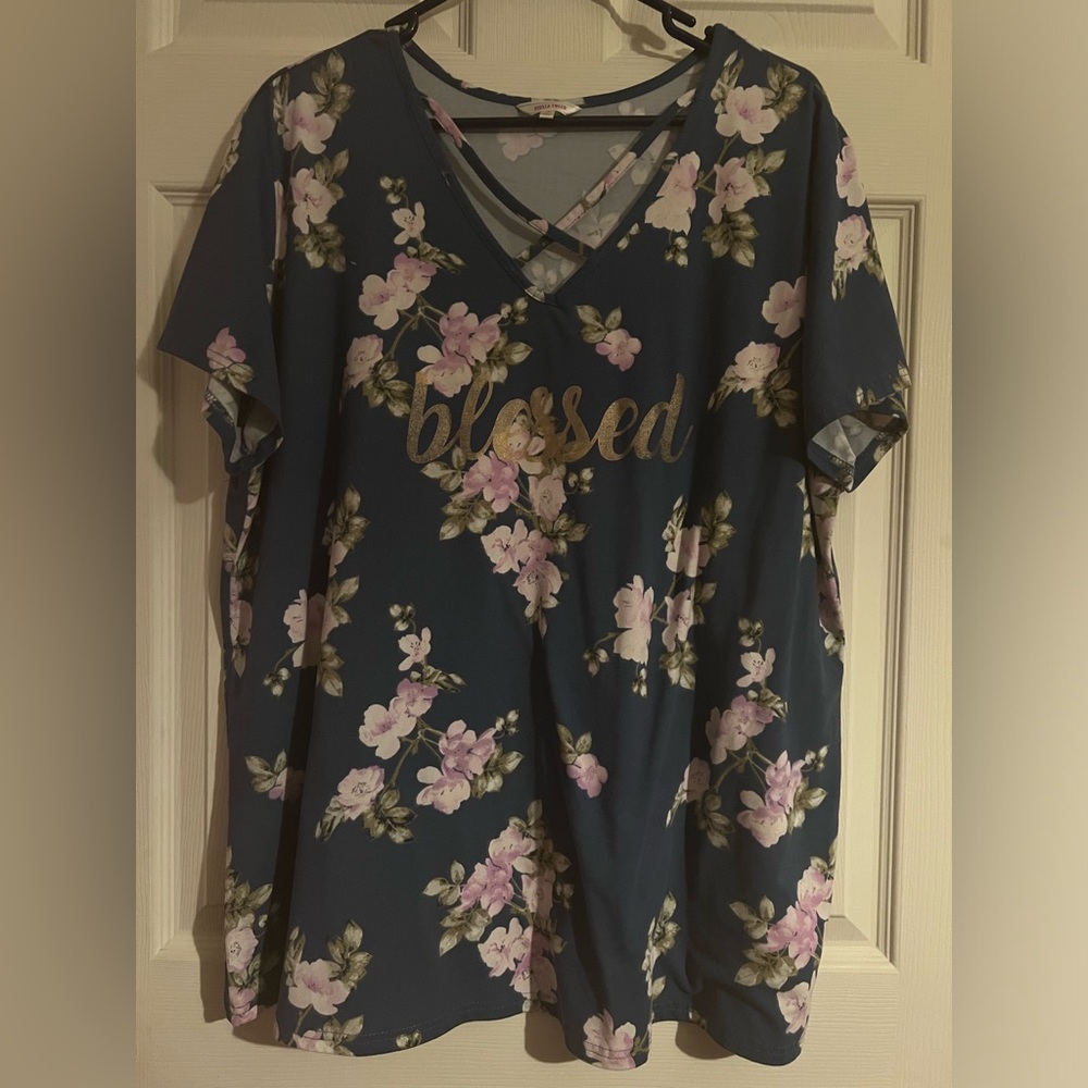 Plus size Stella Tweed shirt, top, blue floral, blessed, size 2X